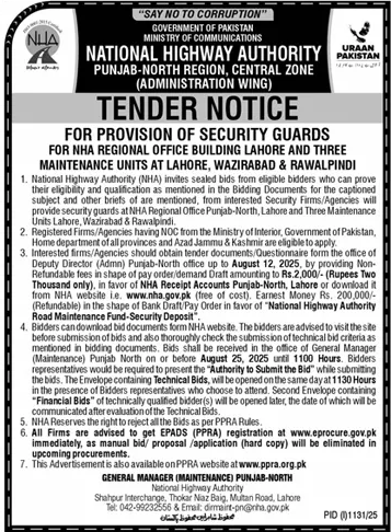 National Highway Authority Lahore Tender Notice